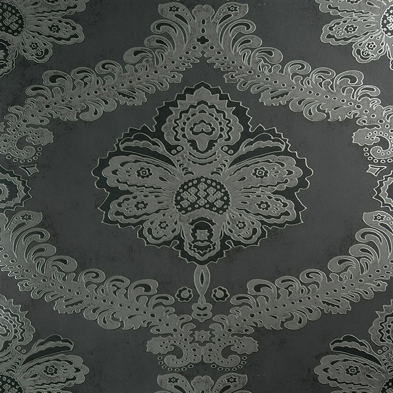 Floral Oversized Silver and Black Metallic Damask Wallpaper By The Yard